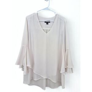 Karen Kane Tunic Top Size L Ivory Off White Bell Sleeve Made in USA Career Flowy